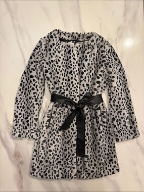 NEW VENUS Snow Leopard Plush Faux Fur Teddy Coat Jacket w/ Belt sz 6 Grey Black